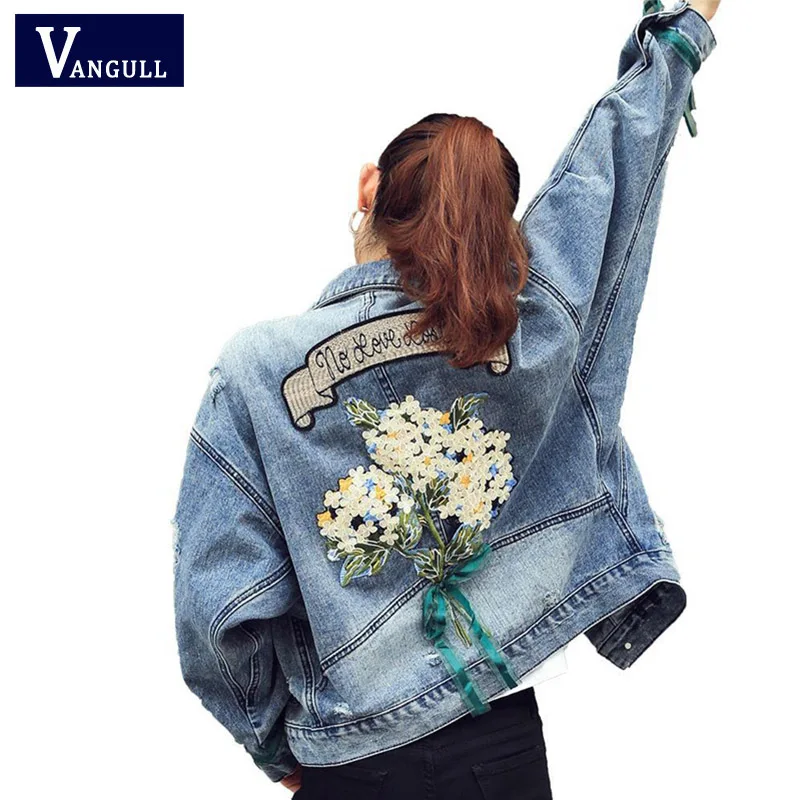 Vangull/женская джинсовая куртка с цветочной вышивкой; сезон осень; Повседневный стиль бойфренда; Chaqueta Mujer; уличная мода; свободные джинсы; топы - Цвет: Синий