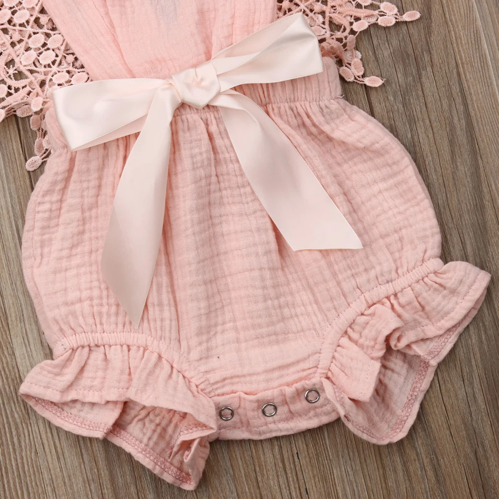 New 0-24M Newborn Toddler Girl Clothes Summer Ruffle Bodysuit Short Sleeve Lace Linen Cotton Jumpsuit Bow Bodysuit Clothing
