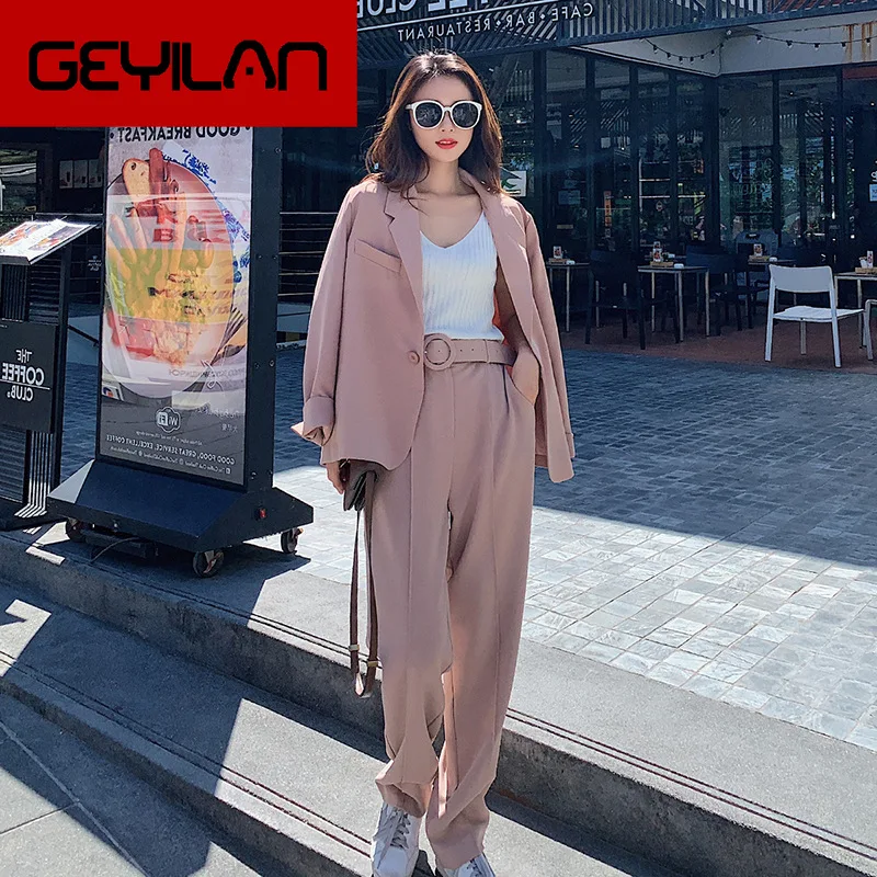 

Women's suit 2019 autumn and winter new casual fashion temperament loose wild color single buckle two women's sets