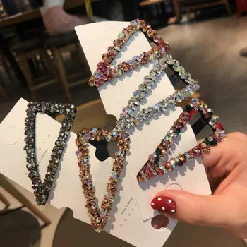 

Women Fashion Metal Hollow Crystal Rhinestone Hair Clip Triangle Rhinestones Hairpin Gold Silver Barrettes Hair Accessories