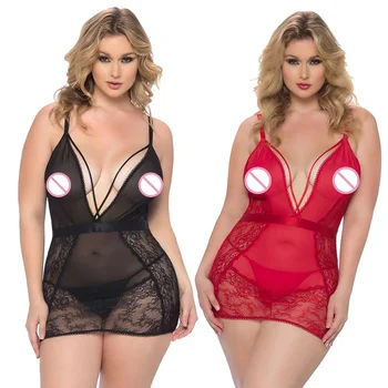 

Sexy Sling Mesh Goggles Nightdress Solid Color Lace Embroidery Temptation Nightdress + Thong