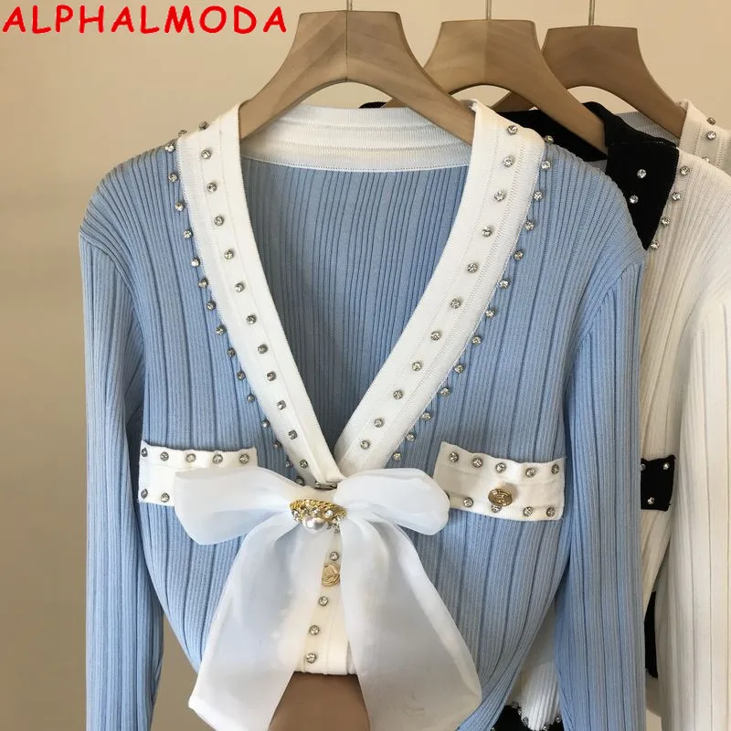 Женский кардиган ALPHALMDA контрастный свитер контрастных цветов с V-образным