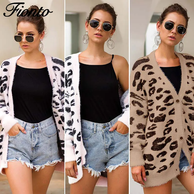 

Fionto Fall and Winter Jacket Woman's Sweater Tri-color Leopard Printed Long Sleeve Open-top Knitted Shirt