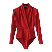Women Sexy V-Neck Long Sleeve Red Bodysuit 2020 Summer Casual Skinny Playsuits