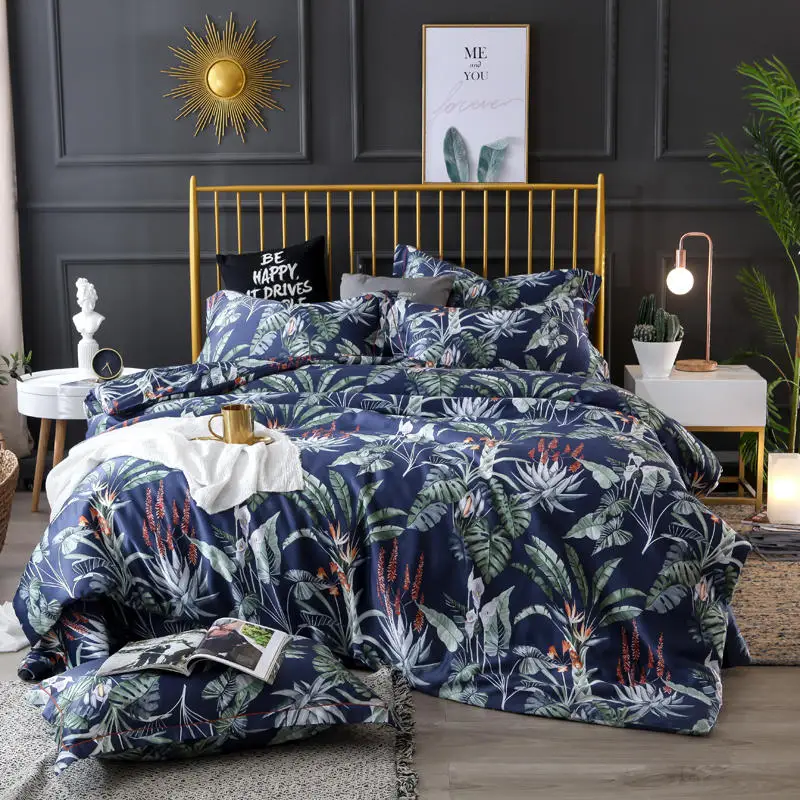 

Plant Leaves Pattern Duvet Cover Bedding set Soft 100% Silk Quilt Cover Bed sheet Pillowcases Queen King size 4Pcs