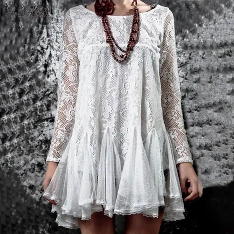  ZANZEA 2020 Women Long Sleeve Lace Crochet Blouse Spring O Neck Hollow Out Tops Black Blusas Ruffle