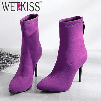 

WETKISS High Heels Thin Boots Women Flock Ankle Booties Zip Shoes Female Pointed Toe Party Shoes Ladies Winter Plus Size 48