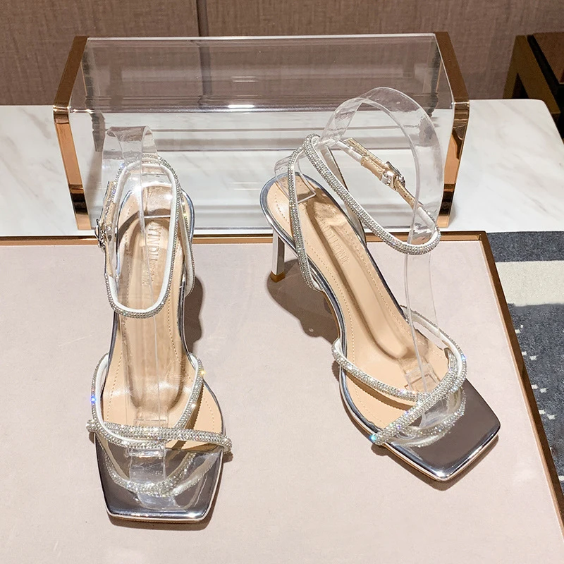 2021 Fashion Rhinestones Gladiator Silver High Heels Ankle Strap Strappy Sandals Women Sexy Stiletto Party Bridal Shoes