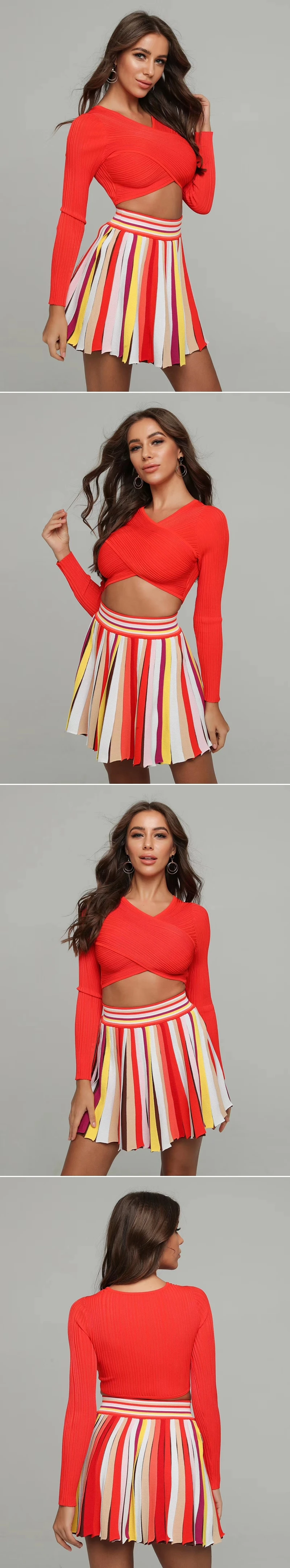 VC All Free Shipping New Chic Two Pieces Sets Mutli Striped Long Sleeves V Neck Celebrity Party Bandage Skirt Suit