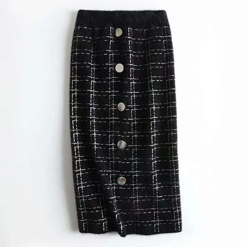 

Czz-259 WOMEN'S Dress High-waisted Pattern Row Button Mink Cashmere Thick Sheath Mid-length Knitted Skirt