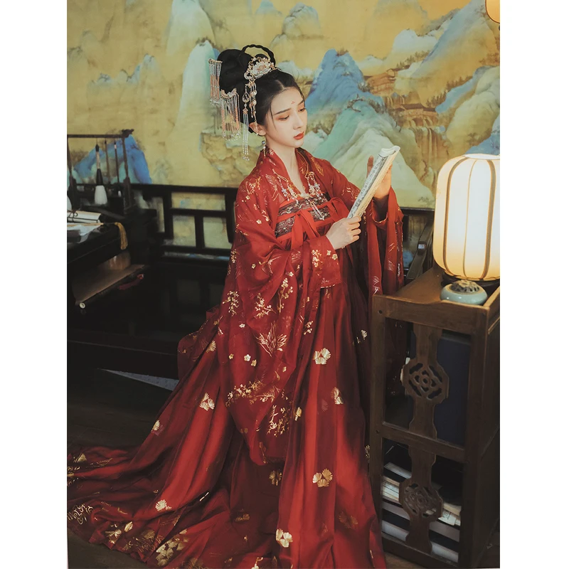 Красное платье Hanfu, костюм для народных танцев, китайский традиционный Национальный костюм феи, костюм древней династии Хань, наряд принцессы для сцены SL1719