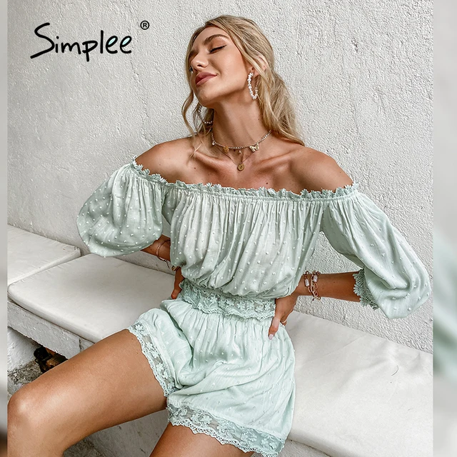 Simplee vintage solid women's short sets summer Lace puff sleeve off-shoulder sets female Embroidery short-sleeved ladies sets 1