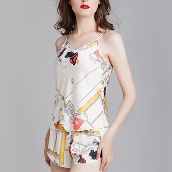 

Sexy Lingerie Sleepwear Women Satin cartoon Casual Loose Sleeveless Nightgown two pieces Pajama Set Plus Size Nightwear