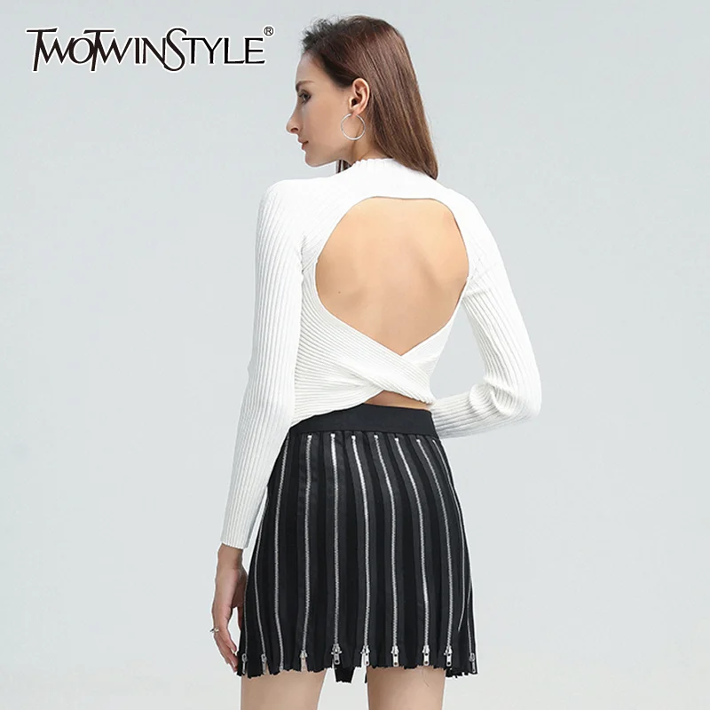 

TWOTWINSYLE Backless Cross Knitted Short Tops Turtleneck Long Sleeve Black One Size Slim T Shirt Female 2020 Fall New Stylish