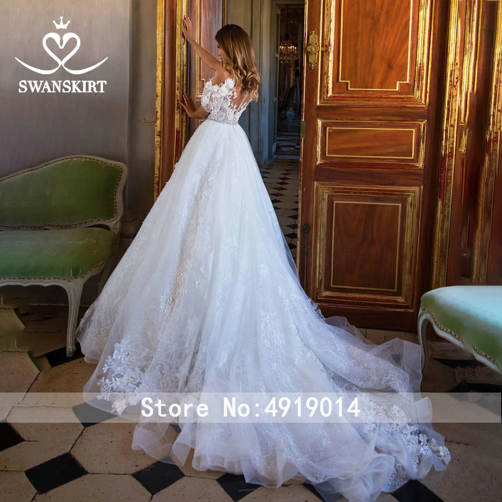 Романтическое свадебное платье с открытыми плечами Swanskirt Appliques Crystal Belt A-Line Illusion для невесты vestido de noiva I187