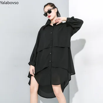 

2020 Casual long sleeves shirt black color irregular splicing shirt blouse women Streetwear Turn-down Collar shirts for women