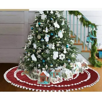 

48in Red Christmas Tree decoration Carpet White Ball Circle Burlap Party Deco D0LD