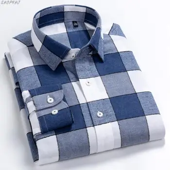 

Long Sleeved Check Plaid Shirt Patch Chest Pocket Standard-fit Checkered Comfortable Cotton Thick Casual Shirts Men's Brushed