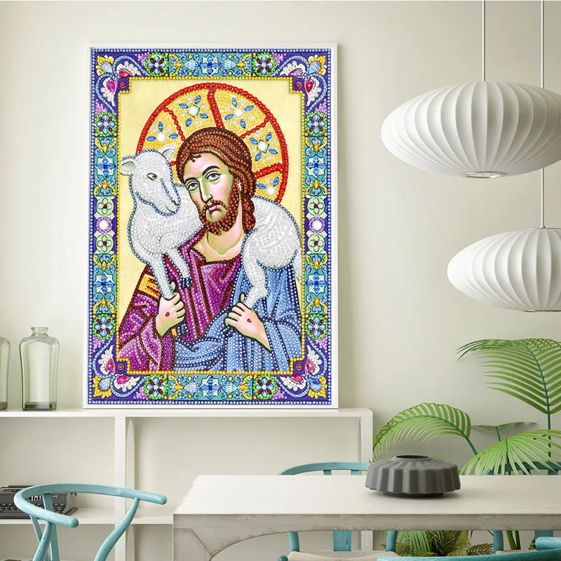 RUBOS 5D DIY Diamond Painting Icon of the Savior Good Shepherd Diamond Embroidery Mosaic Partial Large Bead Pearl Stone Sale Set (3)