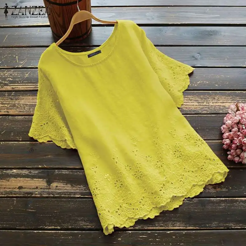 

ZANZEA Women Embroidery Shirts Sexy Hollow Out Blouses Ladies Short Sleeve Blusas Cotton Work Office Tunic Casual Tops Plus Size