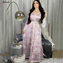 Long Sleeve Maxi Dress for Women Fall Pink Abaya Dubai Ribbon Trim V Neck Caftan Marocain Islam Jalabiya Fashion Muslim Kaftan