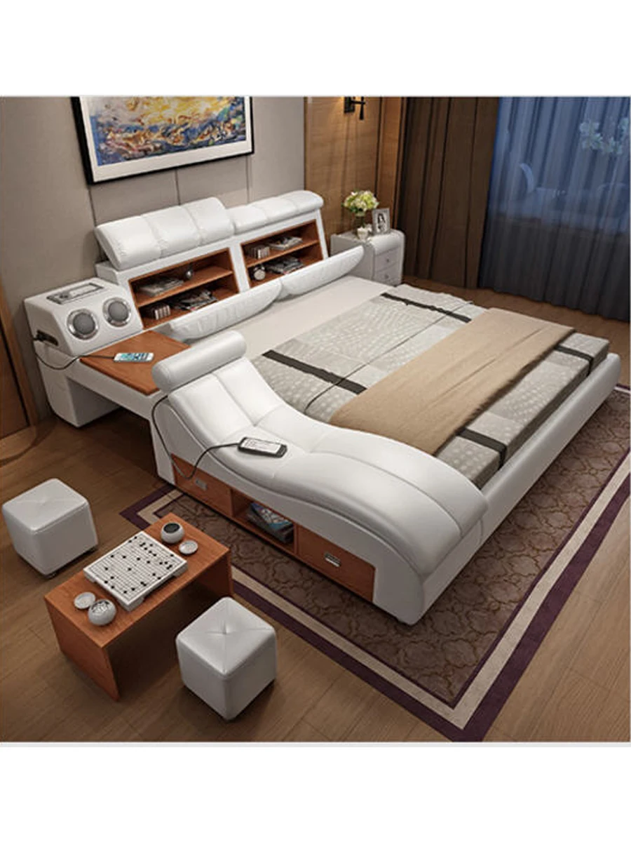  Genuine leather bed frame Soft Beds massager storage safe speaker LED light Bedroom cama muebles de