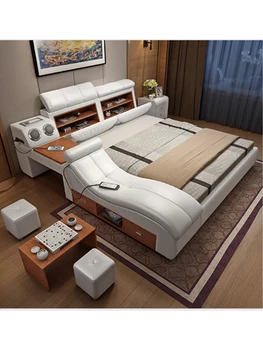 Marco de cama de cuero auténtico para dormitorio, suave, masajeador, altavoz de seguridad, luz LED