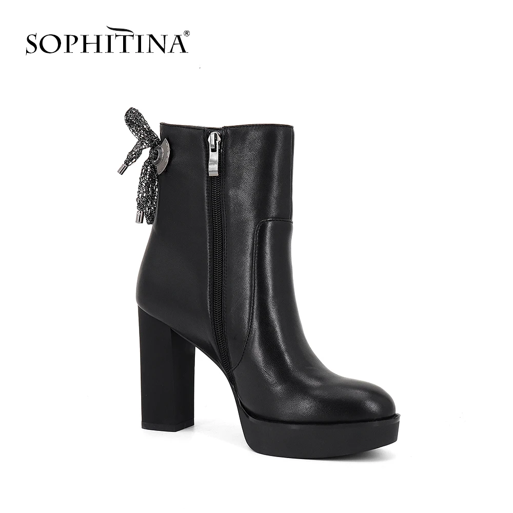 SOPHITINA/Ботинки женские на осень и зиму. Новинки. Теплая обувь из высококачественной овечьей кожи, внутри ворсин. Женские ботинки с красивой лентой и платформой на высоком каблке и толстой подошве.Ботильоны жен.SC315
