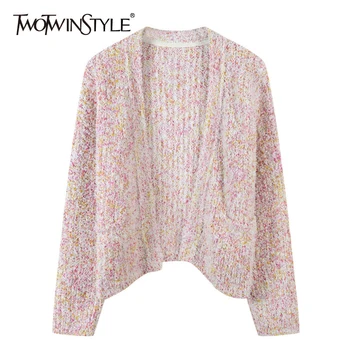 

TWOTWINSTYLE Print Hit Color Woman Cardigans V Neck Long Sleeve Casual Korean Short Sweaters Female Fashion New Clothing 2020