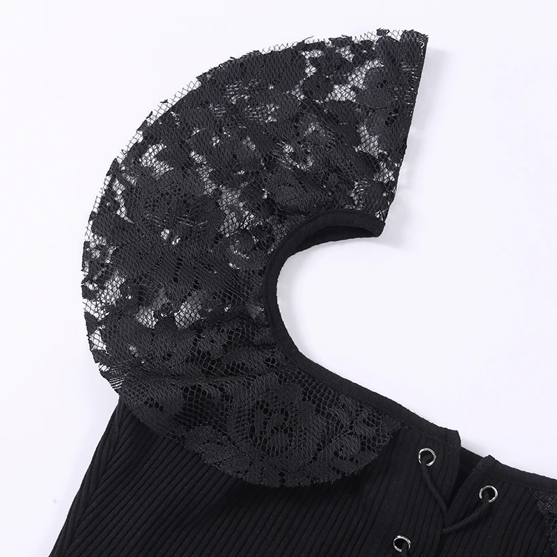 Готический кружевной сексуальный женский топ на одно плечо, летняя повседневная короткая майка без рукавов, темная винтажная модная женская одежда на шнуровке