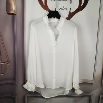 

Silk Color Patchwork Women's Shirt Ruffled Long-sleeved V-neck Ladies Blouse White Black Blouses And Tops Clothes