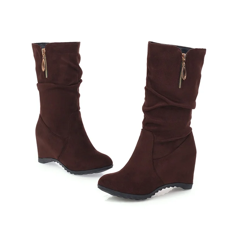 EGONERY winter new concise mid calf boots outside casual high heels round toe flock zipper women shoes drop shipping size 33-44 - Цвет: brown