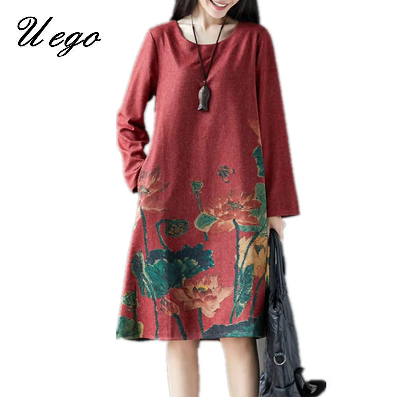 

Uego Thicken Cotton Woolen Dress Long Sleeve Autumn Dress Print Floral Vintage Spring Dress 2019 New Women Casual Dress Vestidos