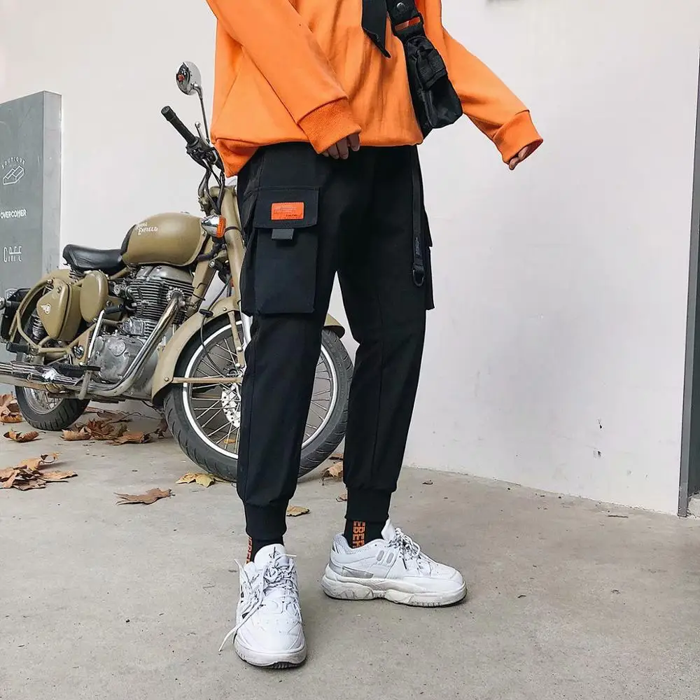 

Men Cargo Joggers Harem Male Full Pants Multi pocket Tag Ribbons Man Sweatpants Streetwear Casual Pants Fashion Style