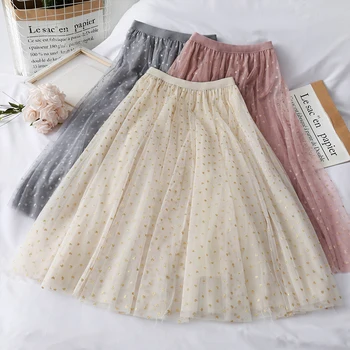 

2020 new fairy printing elastic waist bust sequins love spring gauze skirt female long skirts