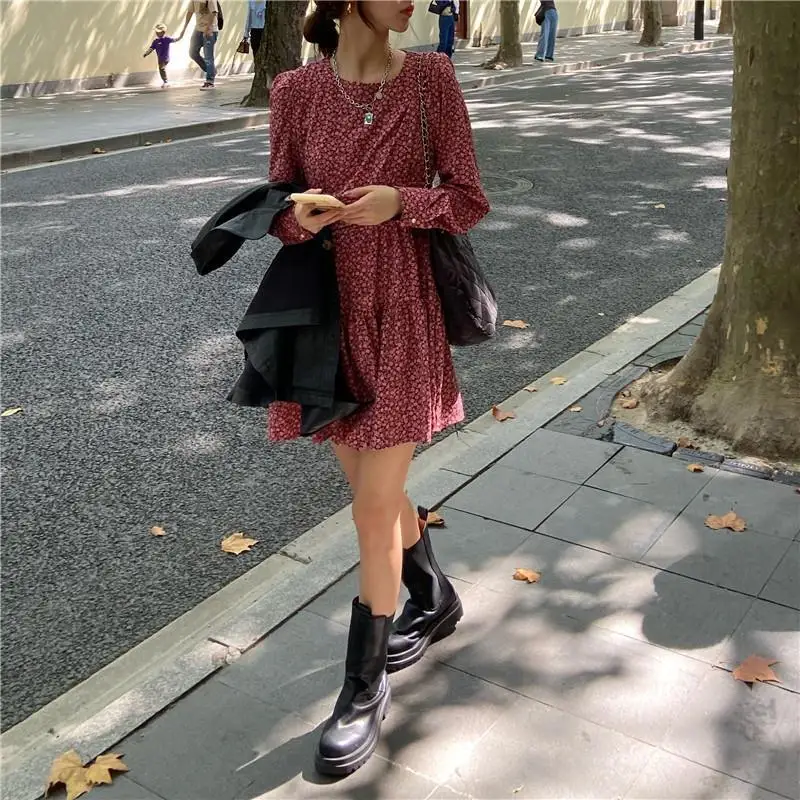 Dress Women Long Sleeve Floral Elegant Ulzzang Sweet Loose Fashion Holiday Ladies Spring Folds Leisure Soft Simple New Popular long dress