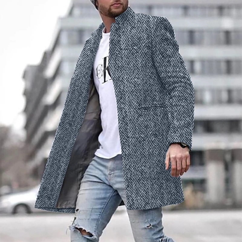 Abrigo de lana cortavientos para hombre, chaqueta de espiga con cuello levantado, cortavientos ajustado, prendas de vestir largas, abrigos de 2021|Zanja| -