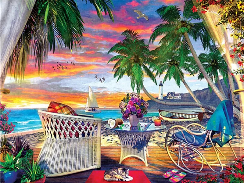 AZQSD Diamond Painting 5d Seaside Landscape Diamond Embroidery Coconut Tree Window Picture Of Rhinestones Home Decor Gift 