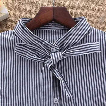 

Women Fake Stand Collar Vertical Stripes Adjustable Bowtie Detachable Half-Shirt