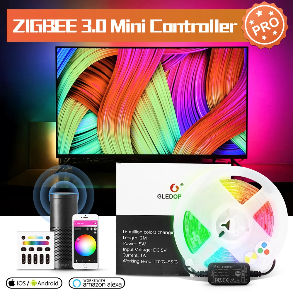 GLEDOPTO ZigBee3.0 Smart PC TV LED Light Strip Controller Pro Kit Mini 5VUSB RGBCCT Color Changing Tape APP/Voice/Remote Control