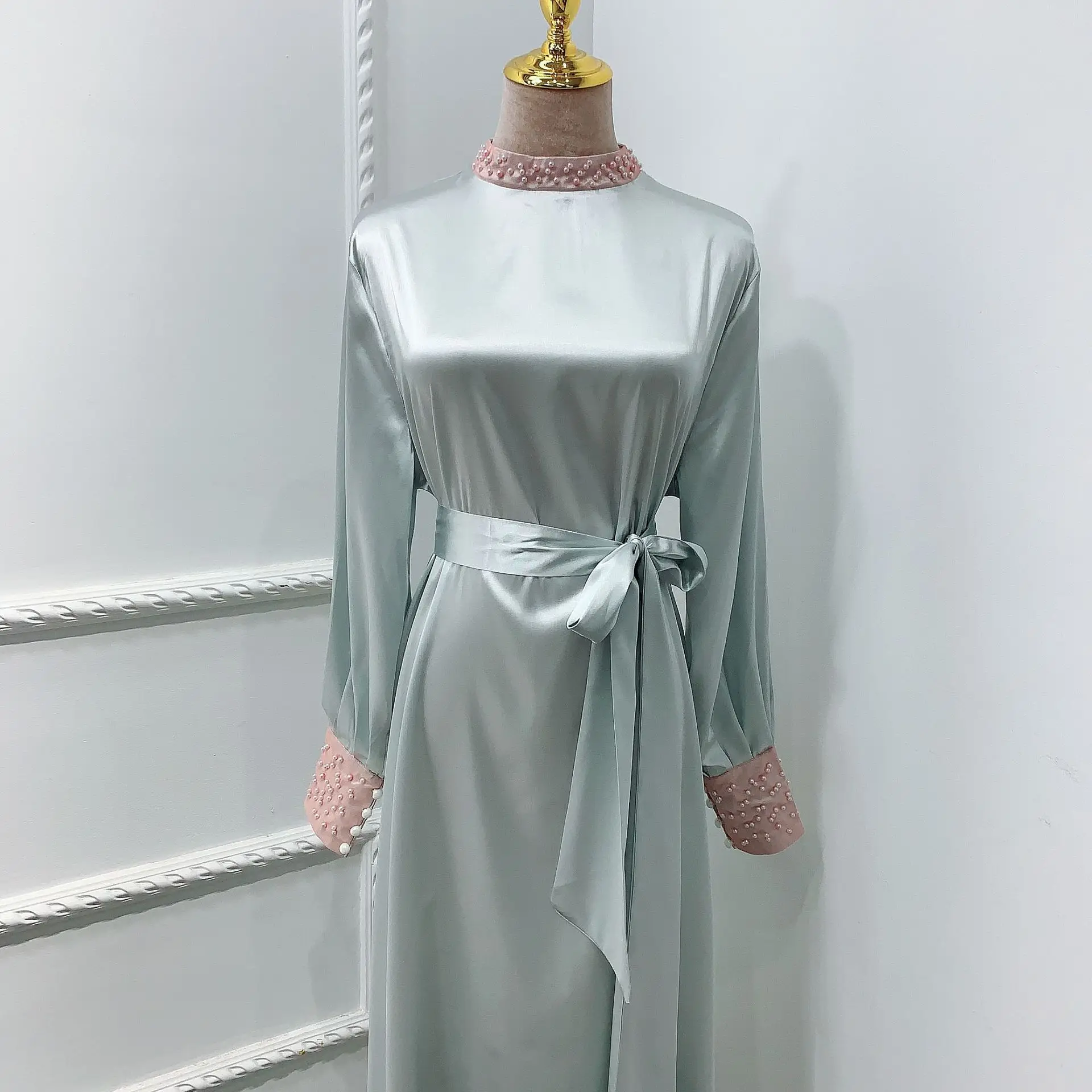 Роскошное мусульманское шелковое атласное Макси платье Abaya кружевной кардиган с
