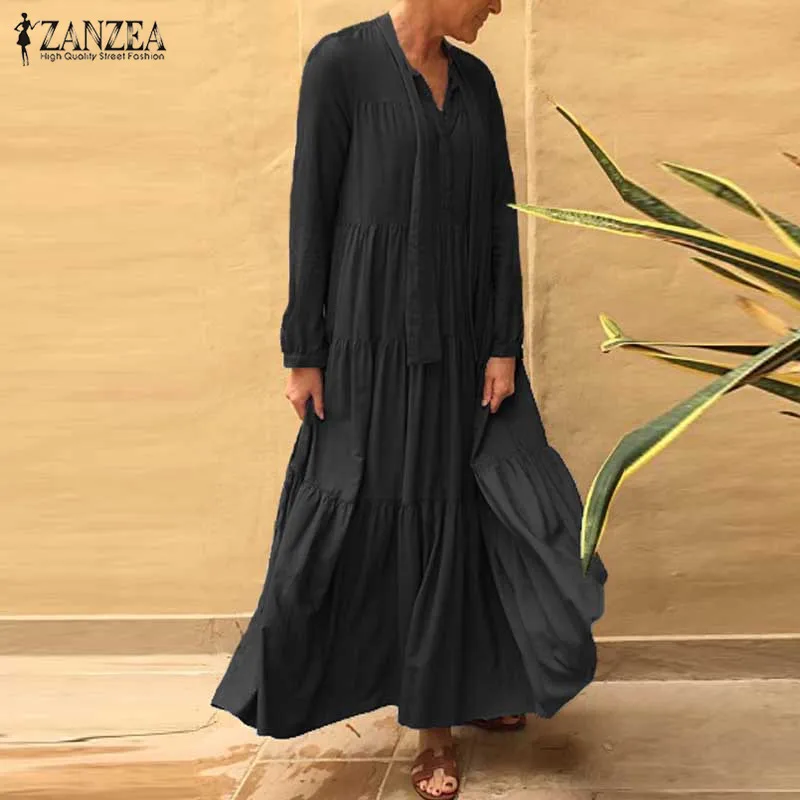 ZANZEA, элегантное женское платье макси с оборками, осень, повседневное богемное платье с длинным рукавом, женские пляжные платья для вечеринок, сарафан
