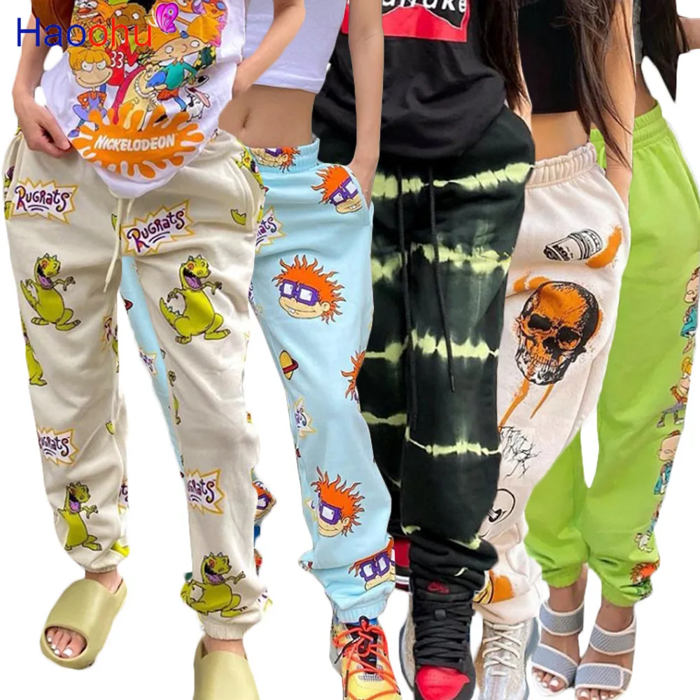 HAOOHU-Pantalones con estampado de calavera de dibujos animados para mujer, ropa de calle elástica con bolsillo de cintura alta, sudaderas pantalones para trotar drapeados