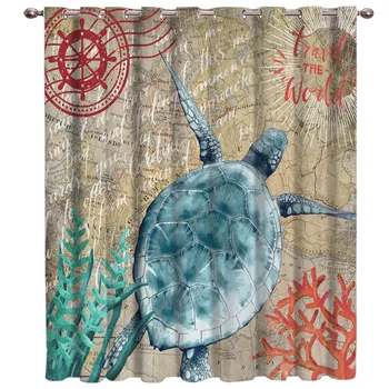 

Turtle Retro Map Window Curtains Dark Living Room Blackout Curtains Kitchen Indoor Decor Swag Kids Curtain Panels With Grommets