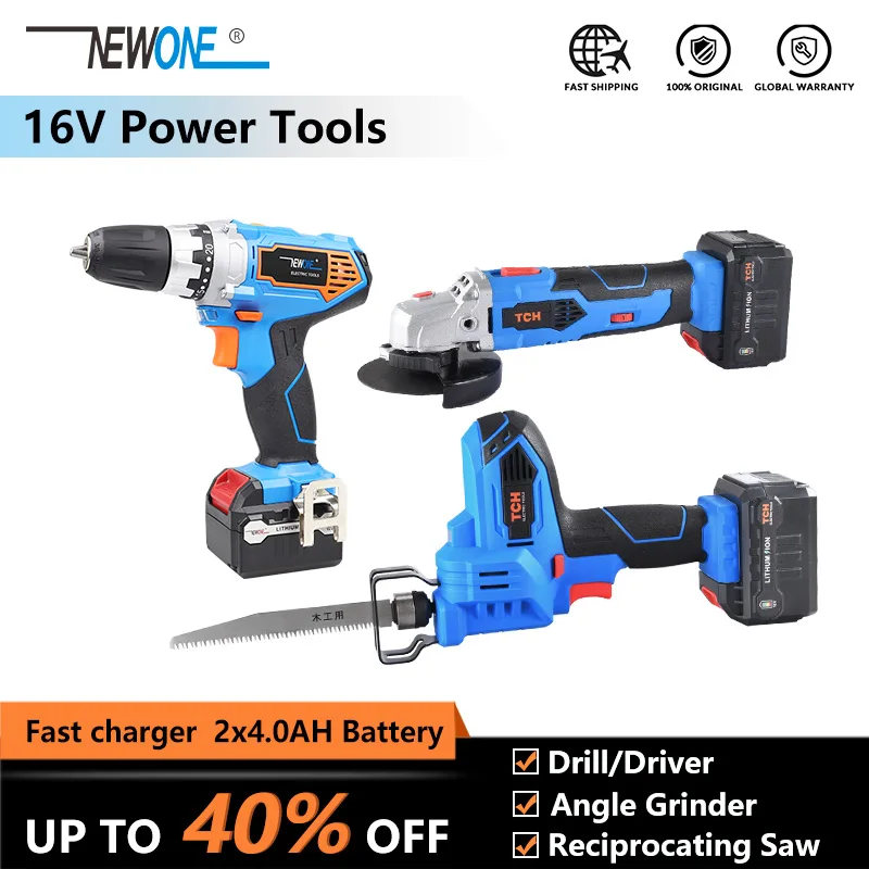 

16V Electric Lithium Cordless Power Tool Dill/Driver & Angle Grinder & Reciprocating Saw 3 tools Combo kit with 2X 4.0Ah Battery