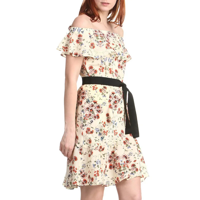 

Patads French women's dress m spring and summer small fresh silk print one word neck waist dress rinora