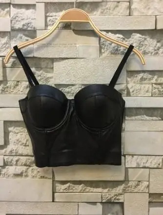 black Женское сексуальное бюстье, укороченный топ, майка из искусственной кожи, бюстгальтер на бретельках черного цвета, облегающий бандаж, черные топы на бретельках - Цвет: black