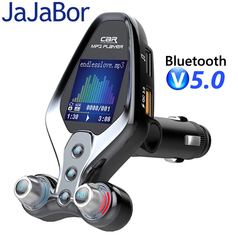 

JaJaBor Bluetooth 5.0 Car Kit Handsfree FM Transmitter AUX Audio Receiver Car MP3 Player QC3.0 Quick Charge Support Folder Play