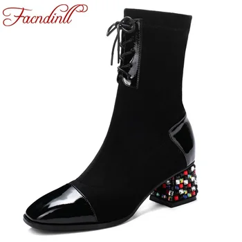 

FACNDINLL 2020 Stretch Fabrics Ankle Boots High Heels Square Toe Women Shoes Autumn Winter Casual Black Short Boots Size 34-43