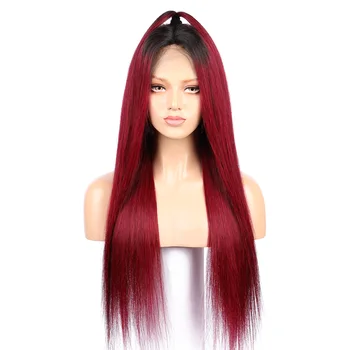 

99J Fake Scalp Invisible Knot 13x6 Lace Front Wig Bleached Knots Pre Plucked Straight Human Hair Ombre Red Long Wigs Remy 180